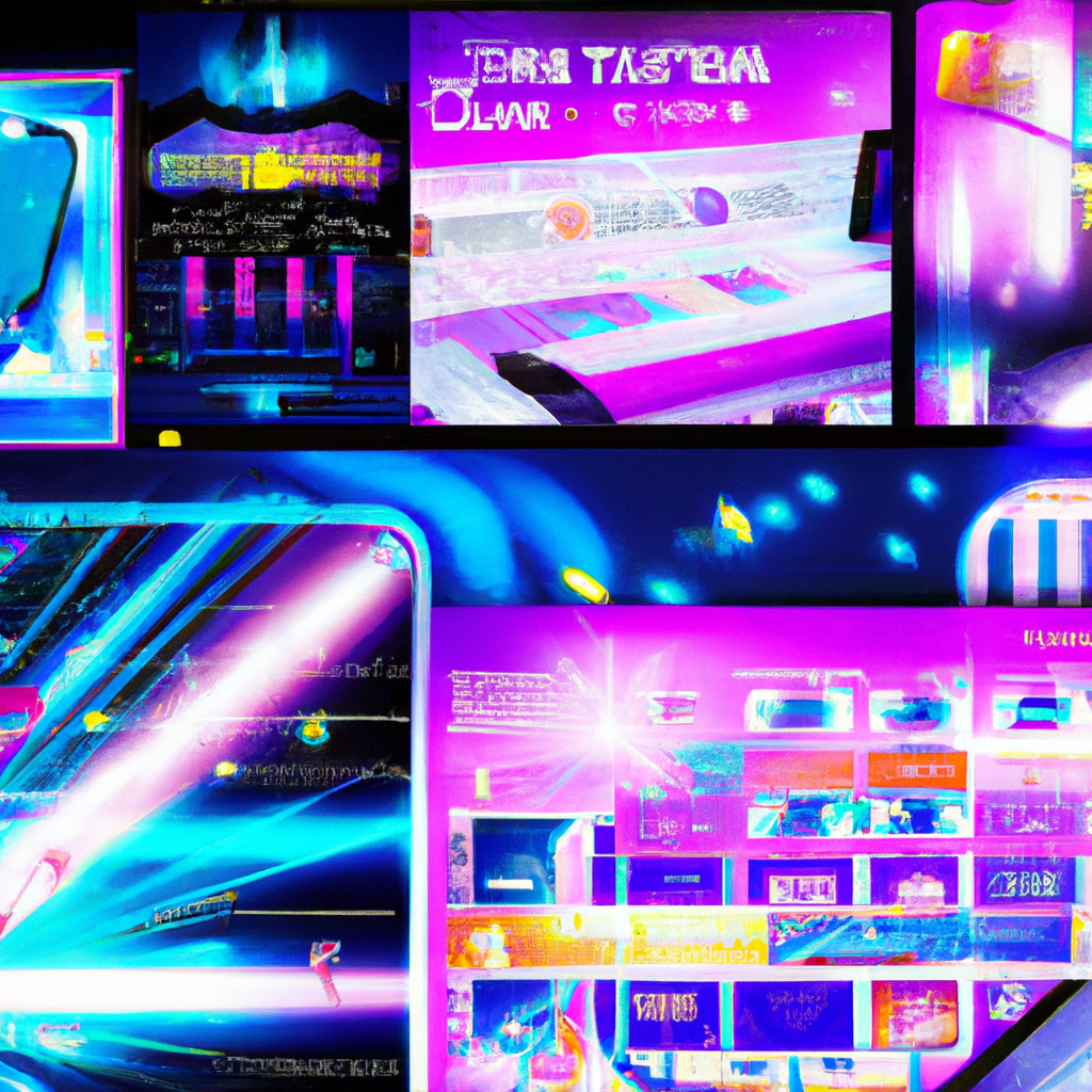 Neon arcade collage showing multiple game thumbnails and HUD overlays
